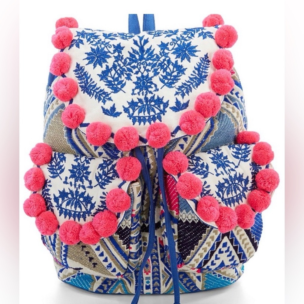 AMERICAN and BEYOND Backpack Bag Embroidered Pom Pom Pink Blue Boho Tribal A & B